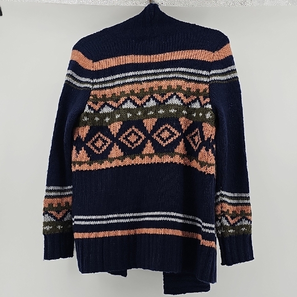 Pink Rose Navy Blue Fair Isle Open Front Cardigan,Boho Knit Longline Sweater (L) - Picture 5 of 6